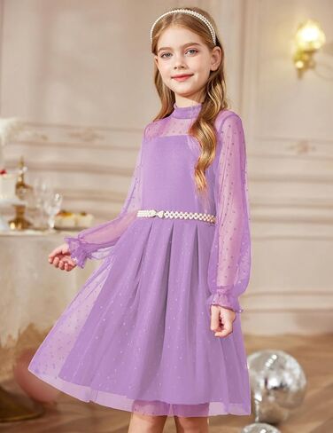 Arshiner Girls Dresses Contrast Mesh Puff Long Sleeve Mock Neck Formal Party A Line Short Tulle Dress in Saudi Arabia