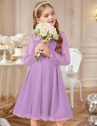 Arshiner Girls Dresses Contrast Mesh Puff Long Sleeve Mock Neck Formal Party A Line Short Tulle Dress in Saudi Arabia