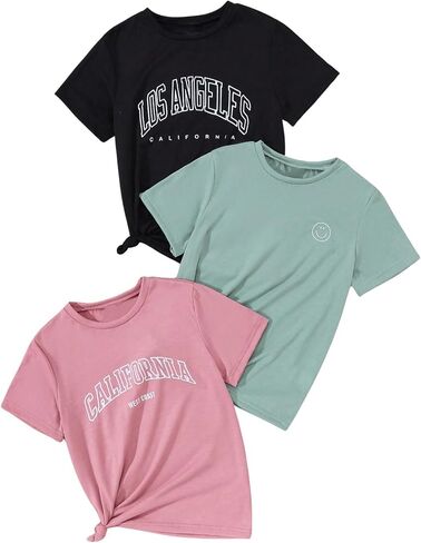 SHENHE Girl's Graphic Tees Crew Neck Short Sleeve Cute Summer Tops 3 Packs T Shirts in Saudi Arabia