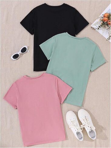 SHENHE Girl's Graphic Tees Crew Neck Short Sleeve Cute Summer Tops 3 Packs T Shirts in Saudi Arabia