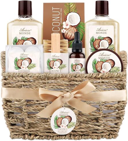 Bath & Shower Spa Basket Gift Set, Coconut Scent, with Shower Gel, Bubble Bath,Body Lotion, Bath Bomb,Bath Salt, Bath and Body Gift Box for Women in Kuwait