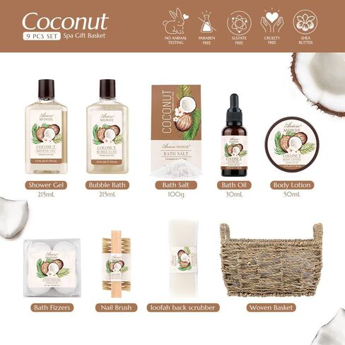 Bath & Shower Spa Basket Gift Set, Coconut Scent, with Shower Gel, Bubble Bath,Body Lotion, Bath Bomb,Bath Salt, Bath and Body Gift Box for Women in Kuwait