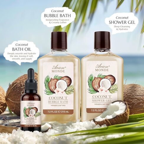 Bath & Shower Spa Basket Gift Set, Coconut Scent, with Shower Gel, Bubble Bath,Body Lotion, Bath Bomb,Bath Salt, Bath and Body Gift Box for Women in Kuwait