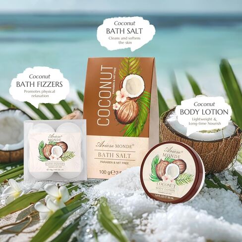 Bath & Shower Spa Basket Gift Set, Coconut Scent, with Shower Gel, Bubble Bath,Body Lotion, Bath Bomb,Bath Salt, Bath and Body Gift Box for Women in Kuwait