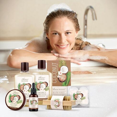 Bath & Shower Spa Basket Gift Set, Coconut Scent, with Shower Gel, Bubble Bath,Body Lotion, Bath Bomb,Bath Salt, Bath and Body Gift Box for Women in Kuwait