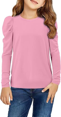 storeofbaby Girls Puff Long Sleeve Shirts Round Neck Tunic Tops Casual Blouses 5-14 Years in Kuwait