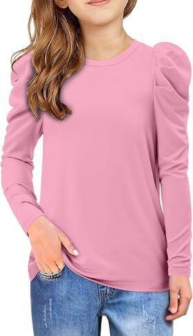 storeofbaby Girls Puff Long Sleeve Shirts Round Neck Tunic Tops Casual Blouses 5-14 Years in Kuwait