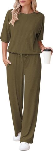 AOHITE Womens 2 Piece Outfits Lounge Sets Short Sleeve Pullover Tops Elastic Wide Leg Pants Set Sweatsuits Tracksuit in Saudi Arabia