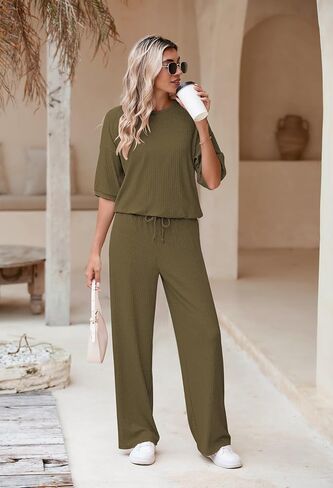 AOHITE Womens 2 Piece Outfits Lounge Sets Short Sleeve Pullover Tops Elastic Wide Leg Pants Set Sweatsuits Tracksuit in Saudi Arabia