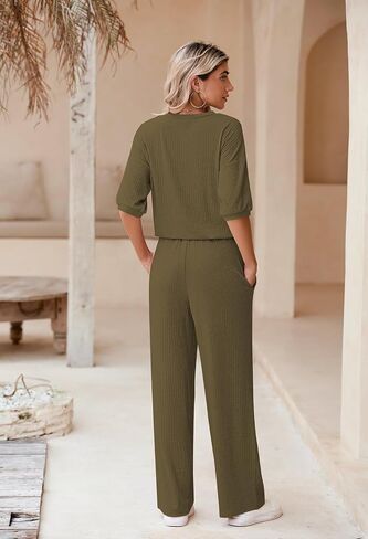 AOHITE Womens 2 Piece Outfits Lounge Sets Short Sleeve Pullover Tops Elastic Wide Leg Pants Set Sweatsuits Tracksuit in Saudi Arabia