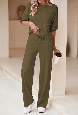 AOHITE Womens 2 Piece Outfits Lounge Sets Short Sleeve Pullover Tops Elastic Wide Leg Pants Set Sweatsuits Tracksuit in Saudi Arabia