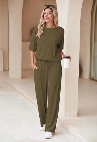 AOHITE Womens 2 Piece Outfits Lounge Sets Short Sleeve Pullover Tops Elastic Wide Leg Pants Set Sweatsuits Tracksuit in Saudi Arabia