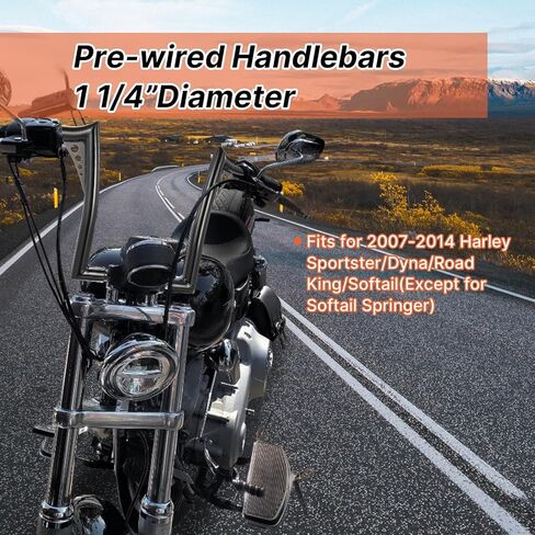 المقاود ذات الأسلاك المسبقة لـ Harley 2007-2014 Road King/Softail/Dyna/Sportster Bat-wing Meathook Ape Hangers 14 بوصة ارتفاع 1.25 بوصة شريط سمين مع CAN-Bus وحزام سلك إشارة الانعطاف سلكي مسبقًا، كروم in Saudi Arabia