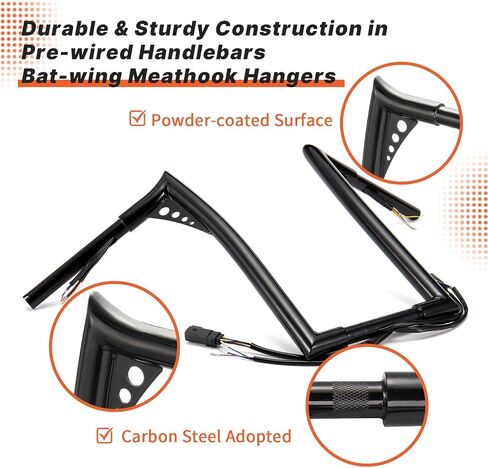 المقاود ذات الأسلاك المسبقة لـ Harley 2007-2014 Road King/Softail/Dyna/Sportster Bat-wing Meathook Ape Hangers 14 بوصة ارتفاع 1.25 بوصة شريط سمين مع CAN-Bus وحزام سلك إشارة الانعطاف سلكي مسبقًا، كروم in Saudi Arabia