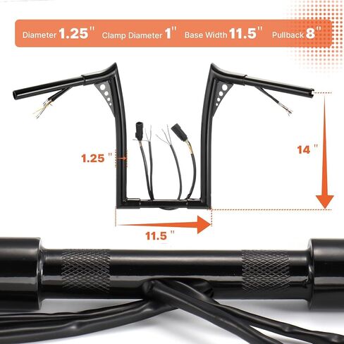 المقاود ذات الأسلاك المسبقة لـ Harley 2007-2014 Road King/Softail/Dyna/Sportster Bat-wing Meathook Ape Hangers 14 بوصة ارتفاع 1.25 بوصة شريط سمين مع CAN-Bus وحزام سلك إشارة الانعطاف سلكي مسبقًا، كروم in Saudi Arabia