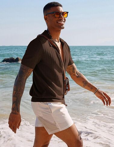 PJ PAUL JONES Mens Knit Shirt Short Sleeve Summer Hollow Out Shirt Beach Button Down Shirt in Saudi Arabia