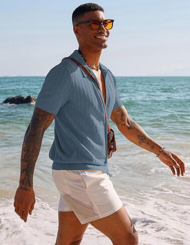 PJ PAUL JONES Mens Knit Shirt Short Sleeve Summer Hollow Out Shirt Beach Button Down Shirt in Saudi Arabia