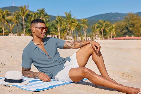 PJ PAUL JONES Mens Knit Shirt Short Sleeve Summer Hollow Out Shirt Beach Button Down Shirt in Saudi Arabia