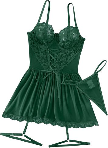 Lilosy Sexy Floral Lace Babydoll Underwire Push Up Chemise LingerieNightwear Women Mesh Sheer Nightgown Slip NightDress with Thong Babydoll Lace Dark Green Large in Kuwait