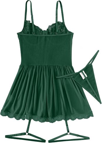 Lilosy Sexy Floral Lace Babydoll Underwire Push Up Chemise LingerieNightwear Women Mesh Sheer Nightgown Slip NightDress with Thong Babydoll Lace Dark Green Large in Kuwait