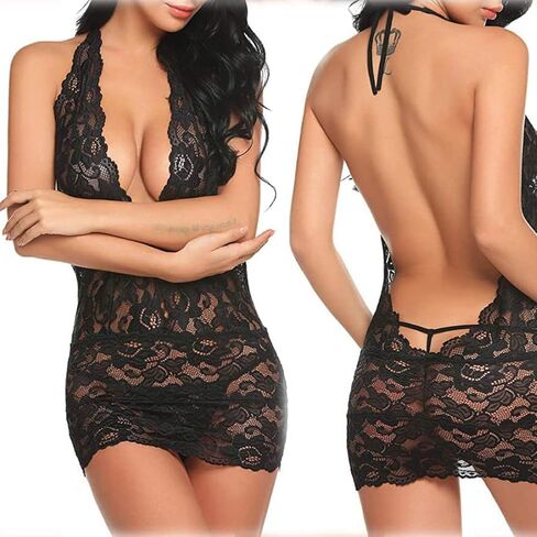 ملابس داخلية للنساء ملابس نوم بيبي دول زهرية بدون ظهر قميص دانتيل شفاف من خلال رسن ملابس نوم عميقة على شكل حرف V فستان تيدي صغير in Kuwait