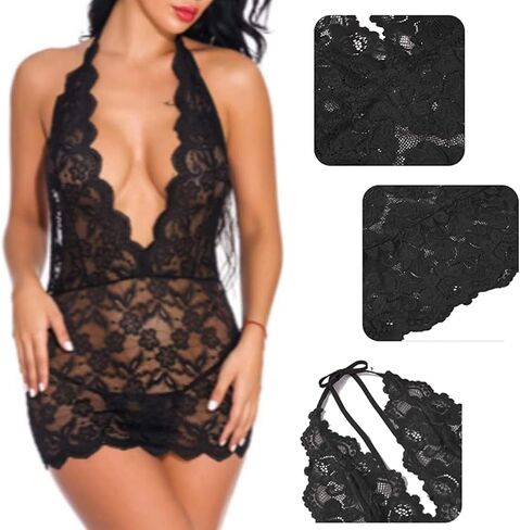 ملابس داخلية للنساء ملابس نوم بيبي دول زهرية بدون ظهر قميص دانتيل شفاف من خلال رسن ملابس نوم عميقة على شكل حرف V فستان تيدي صغير in Kuwait