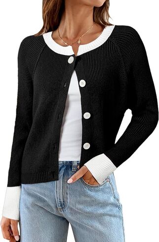 Sidefeel Women's 2024 Fall Long Sleeve Crewneck Cropped Cardigan Sweaters Contrast Button Down Knit Sweaters Coat in Saudi Arabia