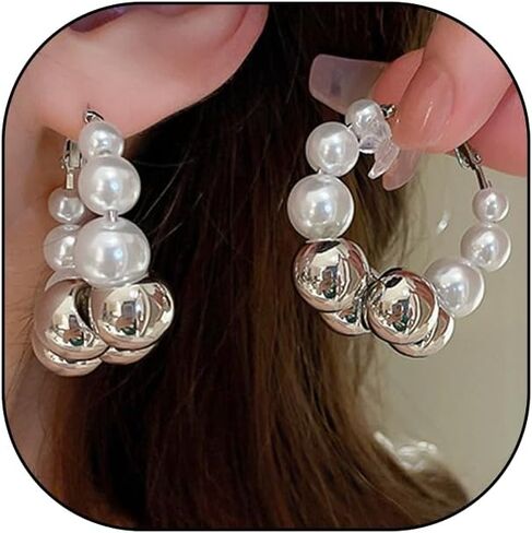 Green Pearls Hoop Statement Earrings for Women Teen Girls,14K Gold Big Pearls Huggie Earrings Prom Dainty Lightweight Jewelry Accessories Gifts in Saudi Arabia