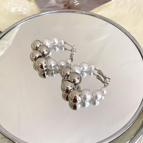 Green Pearls Hoop Statement Earrings for Women Teen Girls,14K Gold Big Pearls Huggie Earrings Prom Dainty Lightweight Jewelry Accessories Gifts in Saudi Arabia