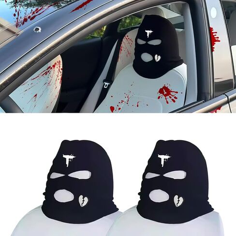 Xotic Tech 2Pcs Car Funny Decoration Spoof Balaclava Face Headrest Cover, Scary Bank Robber Costume Front Seat Head Rest Protector, Halloween Bandit Mask Auto Accessories Universal for Most Car-White in Saudi Arabia