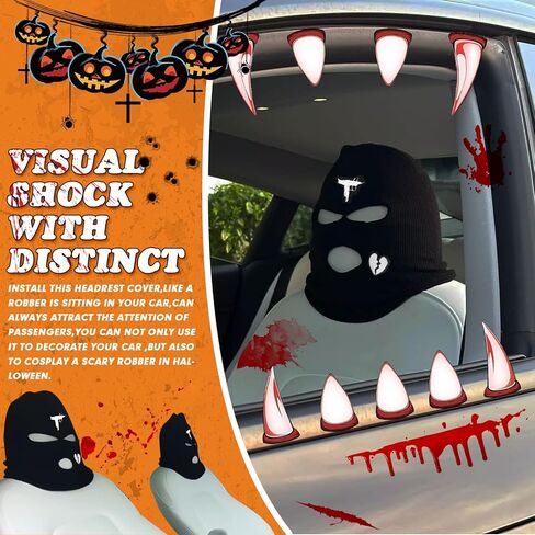 Xotic Tech 2Pcs Car Funny Decoration Spoof Balaclava Face Headrest Cover, Scary Bank Robber Costume Front Seat Head Rest Protector, Halloween Bandit Mask Auto Accessories Universal for Most Car-White in Saudi Arabia