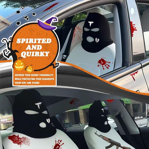 Xotic Tech 2Pcs Car Funny Decoration Spoof Balaclava Face Headrest Cover, Scary Bank Robber Costume Front Seat Head Rest Protector, Halloween Bandit Mask Auto Accessories Universal for Most Car-White in Saudi Arabia