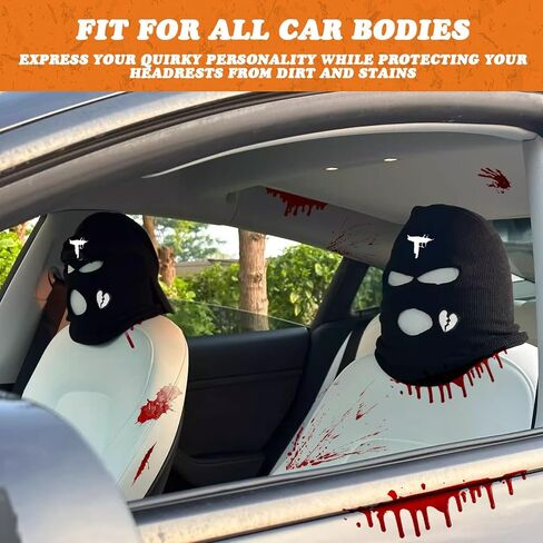 Xotic Tech 2Pcs Car Funny Decoration Spoof Balaclava Face Headrest Cover, Scary Bank Robber Costume Front Seat Head Rest Protector, Halloween Bandit Mask Auto Accessories Universal for Most Car-White in Saudi Arabia