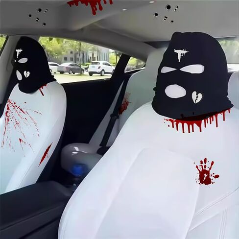 Xotic Tech 2Pcs Car Funny Decoration Spoof Balaclava Face Headrest Cover, Scary Bank Robber Costume Front Seat Head Rest Protector, Halloween Bandit Mask Auto Accessories Universal for Most Car-White in Saudi Arabia