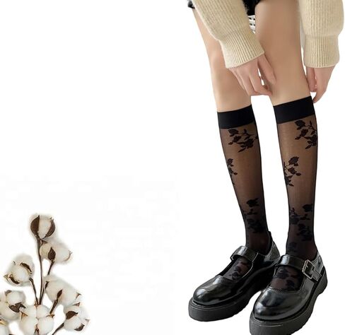Sheer Socks Womens Floral Embroidered Flower Calf Knee High Cute Ankle Vintage Sock Thin Size5-10.5 in Saudi Arabia