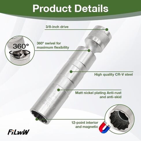 16mm Magnetic Spark Plug Socket, 360-degree Universal Joint 3/8-Inch Drive 12 Point Magnetic Swivel Socket Removal Tool Compatible with Motorcycle,Car,SUV in Saudi Arabia
