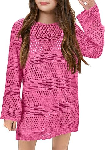 MURMUREY Girls Crochet Swimsuit Cover Up Kids Long Sleeve Hollow Out Swimwear Bikini Beach Dress in Kuwait