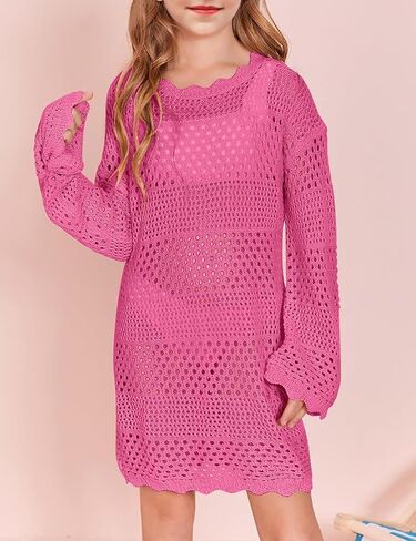 MURMUREY Girls Crochet Swimsuit Cover Up Kids Long Sleeve Hollow Out Swimwear Bikini Beach Dress in Kuwait