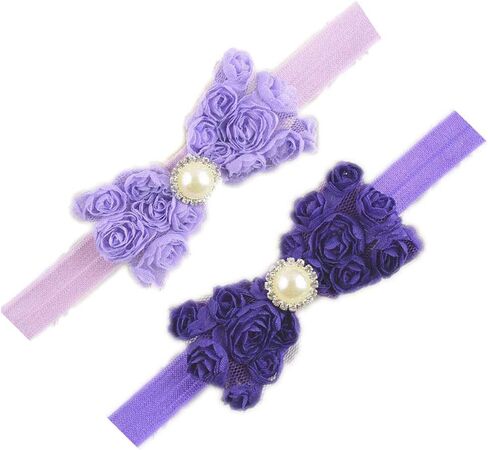 Baby Girls Headbands Lace Rose Bows Pearl Elastic Hair Band Kids with15 colors (2 Pcs-Black+White) in Kuwait