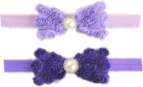 Baby Girls Headbands Lace Rose Bows Pearl Elastic Hair Band Kids with15 colors (2 Pcs-Black+White) in Kuwait
