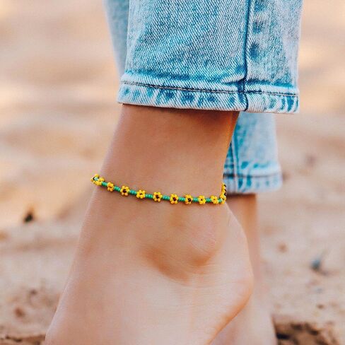 Beaded Anklets for Women Boho Cute Daisy Flower Bead Ankle Bracelets Handmade Waterproof Surfer Anklet Summer Beach Foot Jewelry for Women in Saudi Arabia