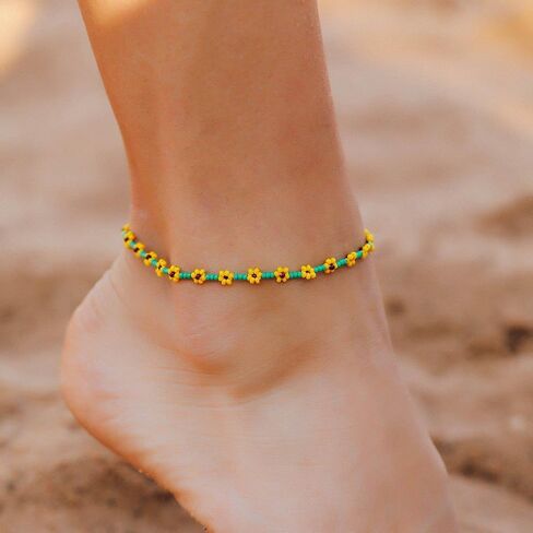 Beaded Anklets for Women Boho Cute Daisy Flower Bead Ankle Bracelets Handmade Waterproof Surfer Anklet Summer Beach Foot Jewelry for Women in Saudi Arabia