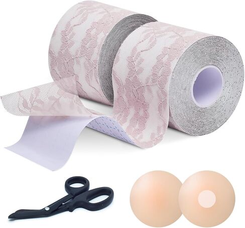 Boob Tape (2 Rolls) with Elegant Lace Covering | Boobytape for Breast Lift, Push Up, and Invisible Support in Saudi Arabia