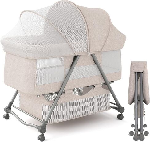 67i Baby Bassinet Portable Folding Rocking Bedside Bassinet Crib for Baby Bassinets Bedside Sleeper on Wheels with Mosquito Nets Newborn Infant Toddler Bassinet with Storage Basket (Deep Khaki) in Kuwait