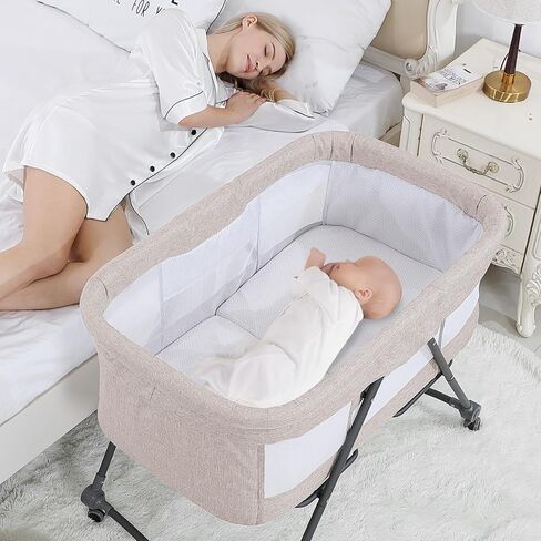 67i Baby Bassinet Portable Folding Rocking Bedside Bassinet Crib for Baby Bassinets Bedside Sleeper on Wheels with Mosquito Nets Newborn Infant Toddler Bassinet with Storage Basket (Deep Khaki) in Kuwait