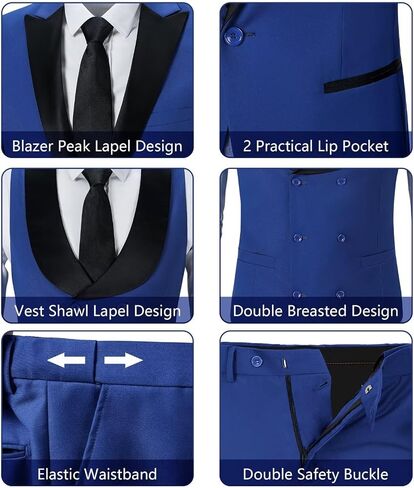 Mens Suit Slim Fit 3 Piece Suit Blazer Vest Pants Sets with Bow Tie Handkercher Brooch for Men for Wedding Prom Party in Kuwait