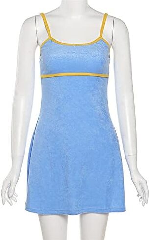 فساتين Seyurigaoka Cami المرقعة Y2K فستان قصير بدون ظهر وحزام سباغيتي بدون أكمام فستان قصير لقضاء العطلات على الشاطئ in Kuwait