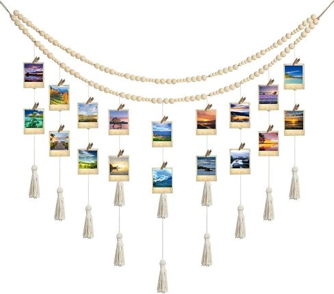 Hanging Photo Display Macrame Boho Wall Decor, Wooden Bead Garland with 18 Photo Clips, Collage Picture Frame Photo Holders for Nursery Room Dorm Bedroom Wall Decor (Nature) in Saudi Arabia
