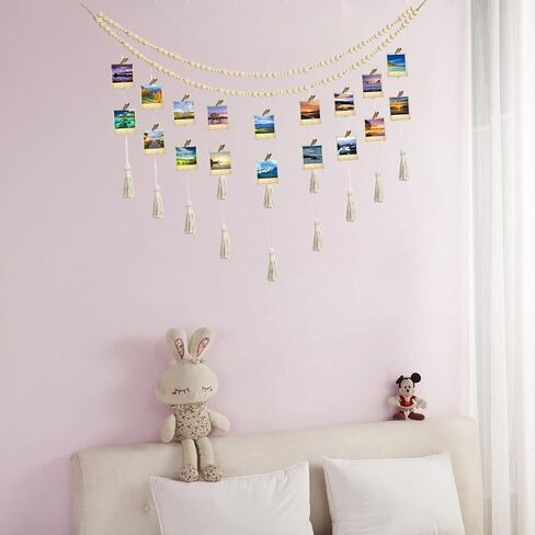 Hanging Photo Display Macrame Boho Wall Decor, Wooden Bead Garland with 18 Photo Clips, Collage Picture Frame Photo Holders for Nursery Room Dorm Bedroom Wall Decor (Nature) in Saudi Arabia