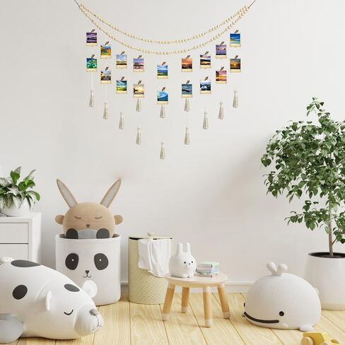 Hanging Photo Display Macrame Boho Wall Decor, Wooden Bead Garland with 18 Photo Clips, Collage Picture Frame Photo Holders for Nursery Room Dorm Bedroom Wall Decor (Nature) in Saudi Arabia